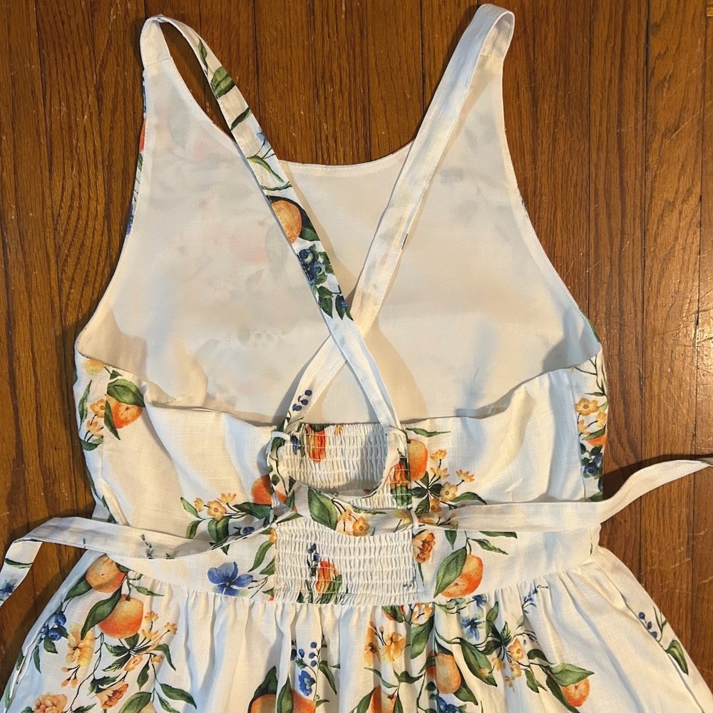 Citrus Botanical Midi Dress SZ S White Orange Mediterranean Vacation Resortwear - Picture 4 of 13